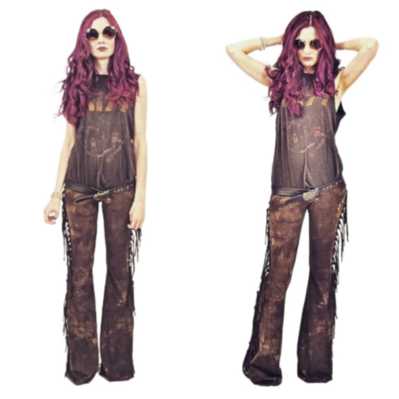 PETITE LENGTH High Waisted Fringe Bell Bottoms in BROWN TIE DYE Size XS S M L XL - Picture 4 of 8
